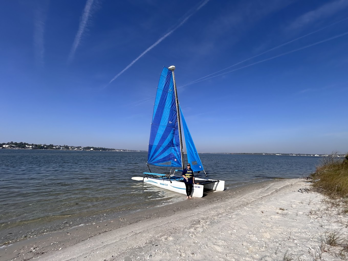 Hobie Cat catamaran beached on the Intracoastal Waterway in Emerald Isle, NC